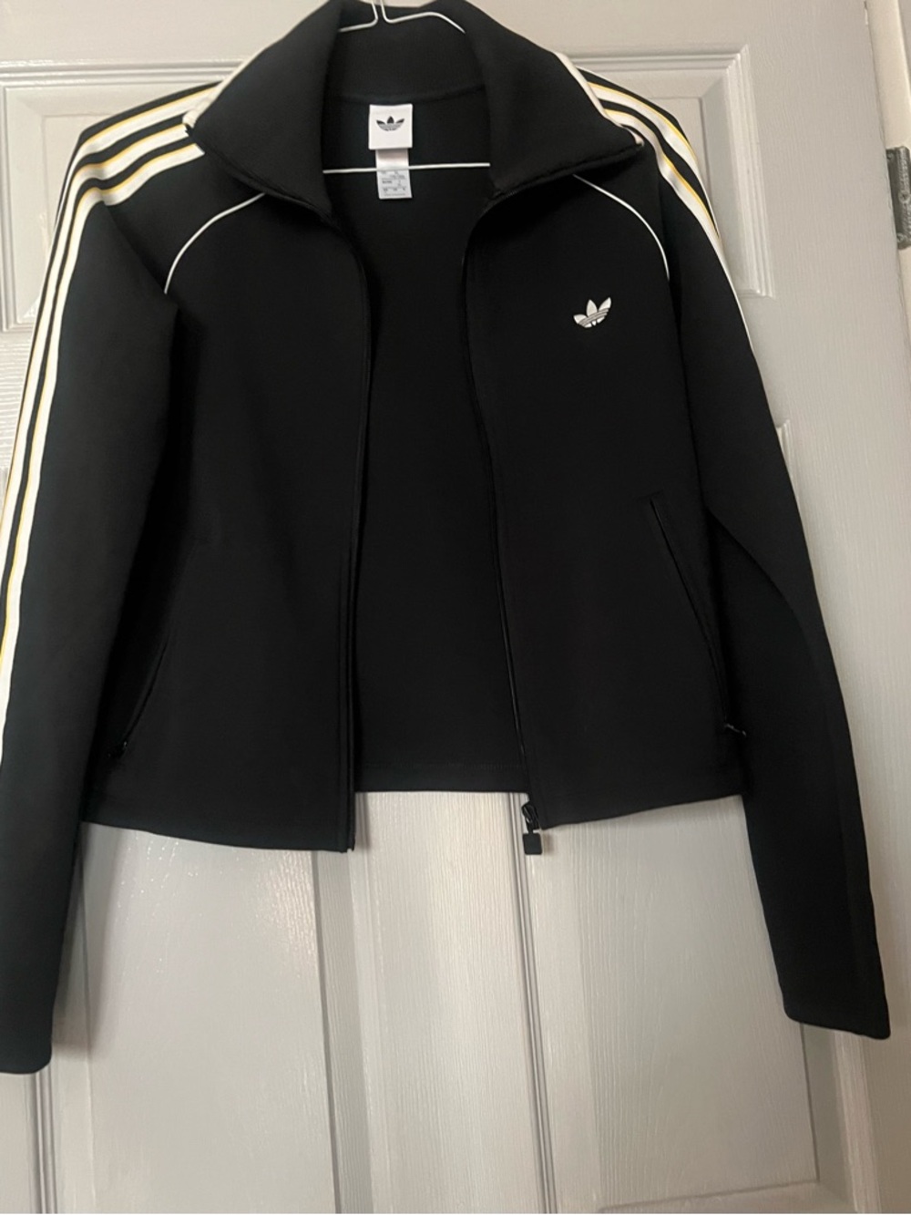 Adidas Black Zip-Front Varsity Jacket with White & Gold Stripes/Asian Edition